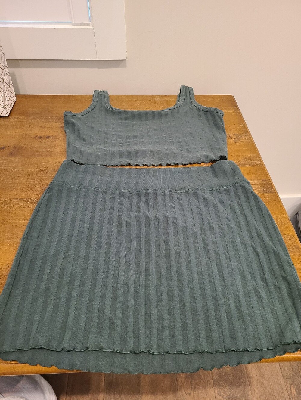 Aerie Wide Ribbed Dark Green Mini Skirt And Cropped Tank Top Set